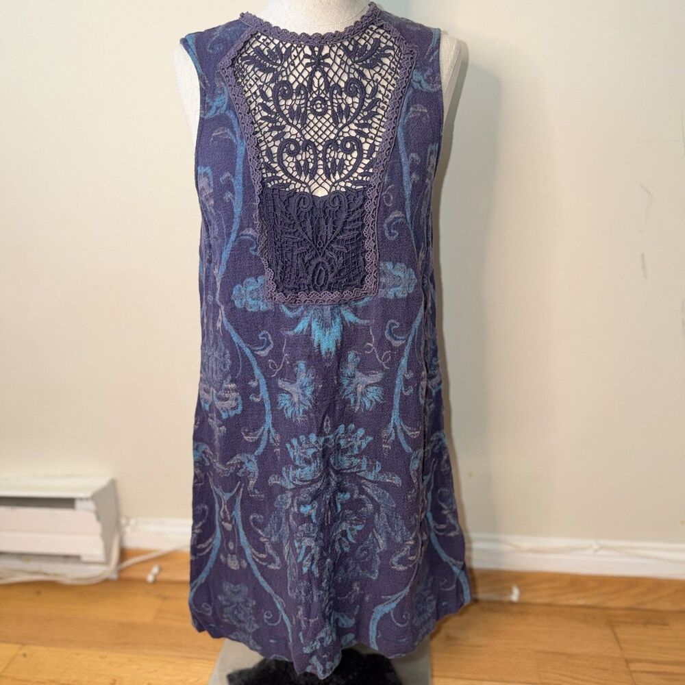 Free People Mirabelle Medallion Print Front Crochet Lace Inset Dress S Prairie